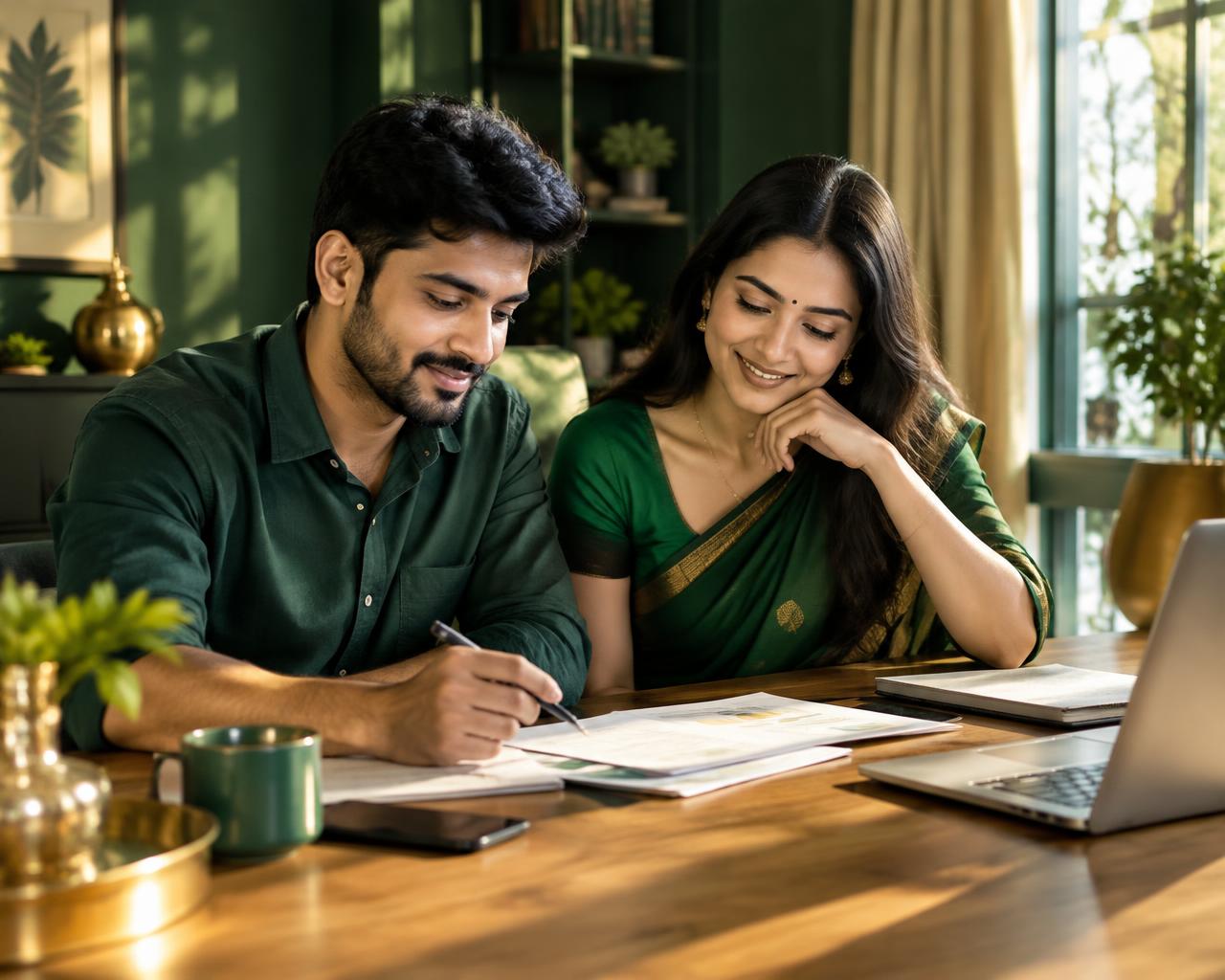 A couple reviewing their financial plans together at home